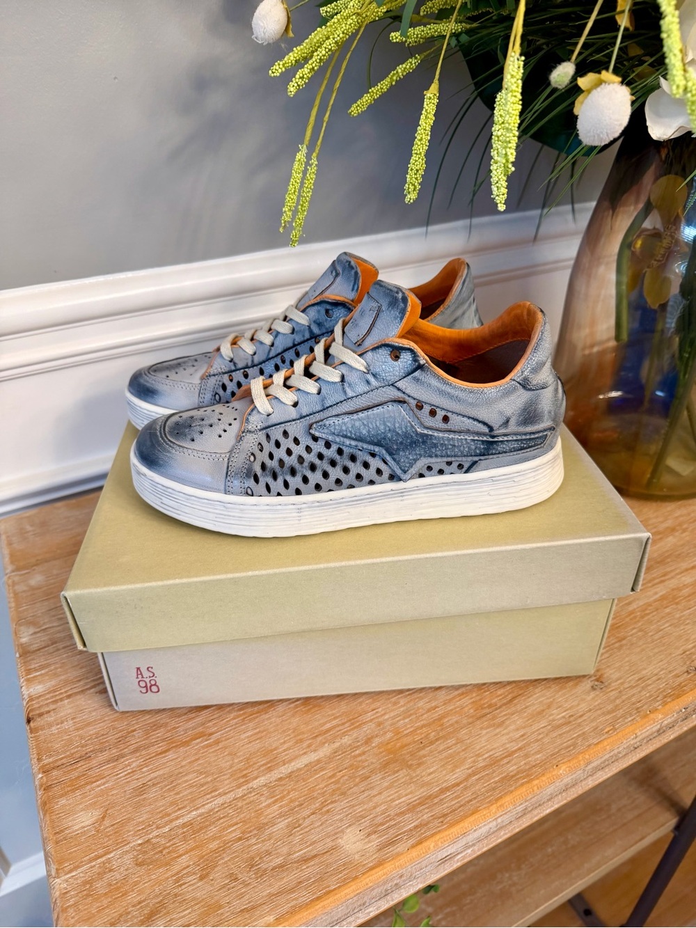 A.S.98 Women's Gray/blue Leather Perforated Low-Top Sneakers